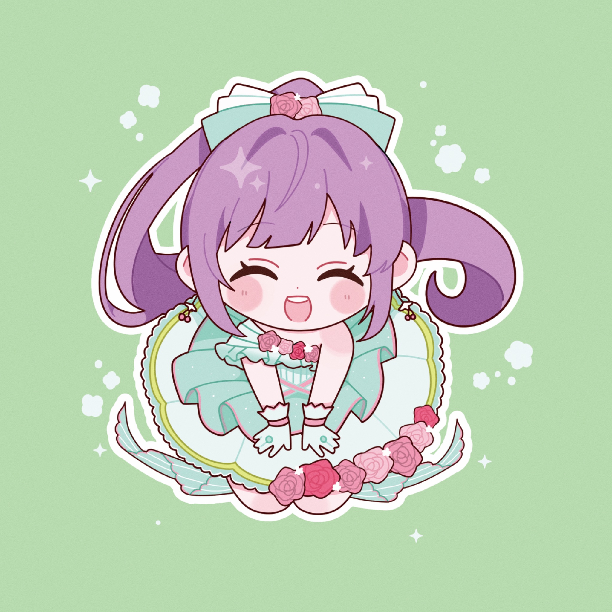 riarii (h3c ms zzz3), otomune kozue, link! like! love live!, love live!, commentary, highres, symbol-only commentary, 1girl, ^ ^, aqua dress, aqua gloves, chibi, chibi only, closed eyes, dress, facing viewer, flower, flower-trimmed dress, frilled dress, frills, full body, gloves, green background, hair intakes, long hair, looking at viewer, official alternate costume, outline, pink flower, pink rose, ponytail, purple hair, rose, sidelocks, simple background, single-shoulder dress, solo, very long hair, virtual youtuber, white outline, yume wazurai