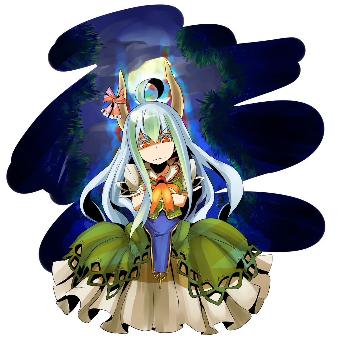 lieutenant dan, ex-keine, kamishirasawa keine, touhou, 1girl, ahoge, angry, colored eyelashes, crossed arms, dress, eyelashes, female focus, full moon, green hair, horn ornament, horn ribbon, horns, long hair, moon, multicolored hair, ribbon, solo, two-tone hair, white hair