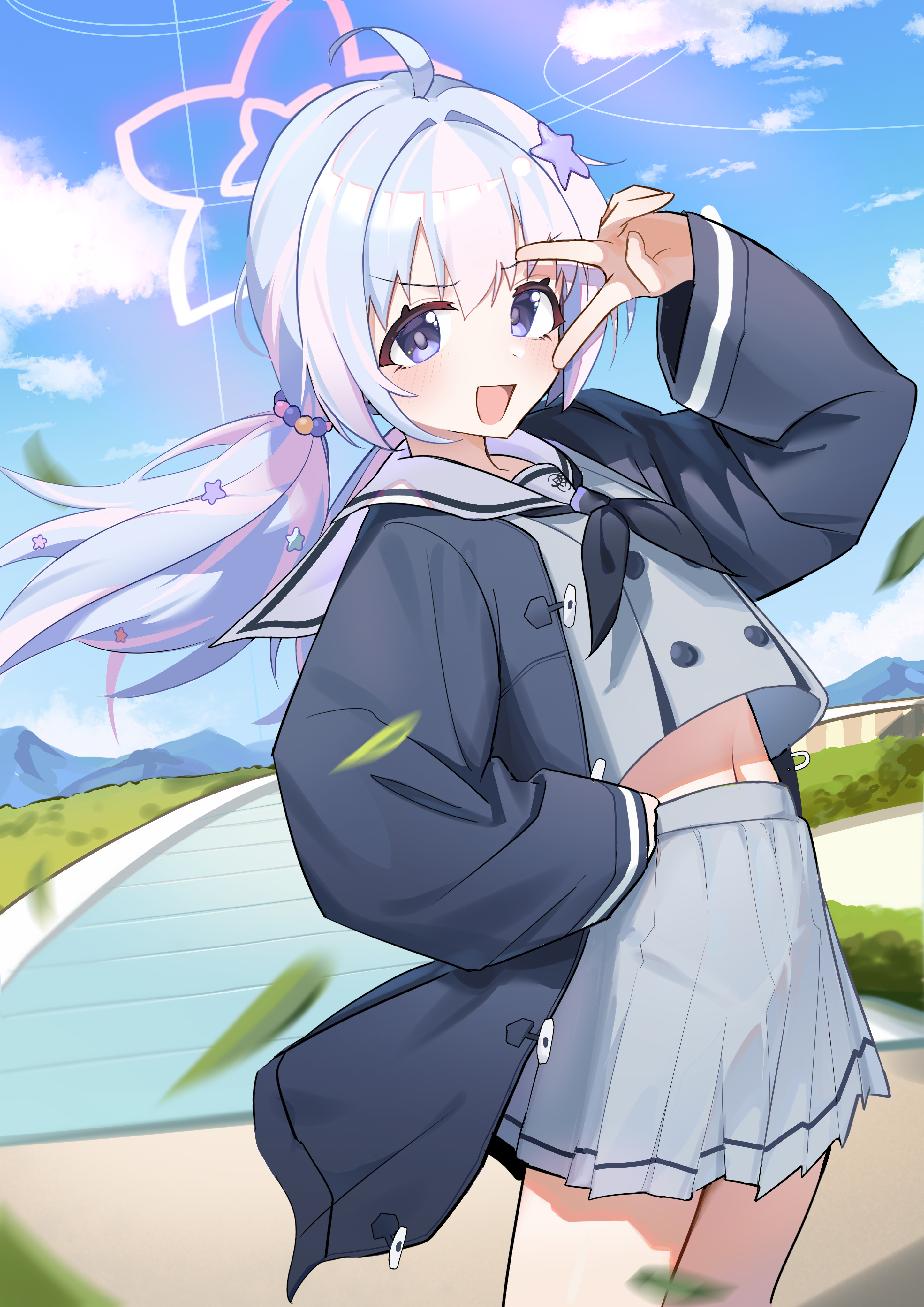 lcz, reisa (blue archive), blue archive, absurdres, commentary, highres, symbol-only commentary, 1girl, ahoge, black jacket, black neckerchief, blue eyes, blue hair, blue sky, cowboy shot, day, falling leaves, grey shirt, grey skirt, hair ornament, halo, hand on own hip, jacket, leaf, long hair, long sleeves, looking at viewer, midriff peek, multicolored hair, neckerchief, open mouth, outdoors, pink hair, pleated skirt, sailor collar, school uniform, shirt, skirt, sky, solo, standing, star (symbol), star hair ornament, streaked hair, v, v-shaped eyebrows, v over eye, white sailor collar