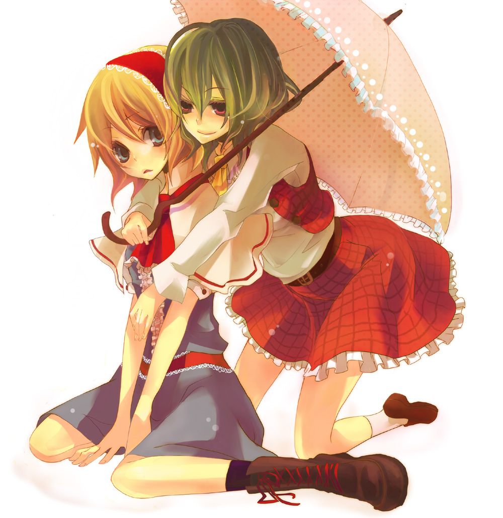 musou yuchi, alice margatroid, kazami yuuka, touhou, black legwear, white legwear, 2girls, arm support, ascot, belt, blonde hair, blue dress, blue eyes, blush, boots, bow, bowtie, capelet, confused, dress, female focus, from behind, green hair, hairband, holding, hug, hug from behind, kneeling, lace-up boots, loafers, looking back, multiple girls, necktie, parasol, plaid clothes, plaid skirt, plaid vest, polka dot, red eyes, sash, shoes, short hair, simple background, sitting, skirt, skirt set, smile, socks, surprised, triangle mouth, umbrella, v arms, vest, wariza, white background, yuri