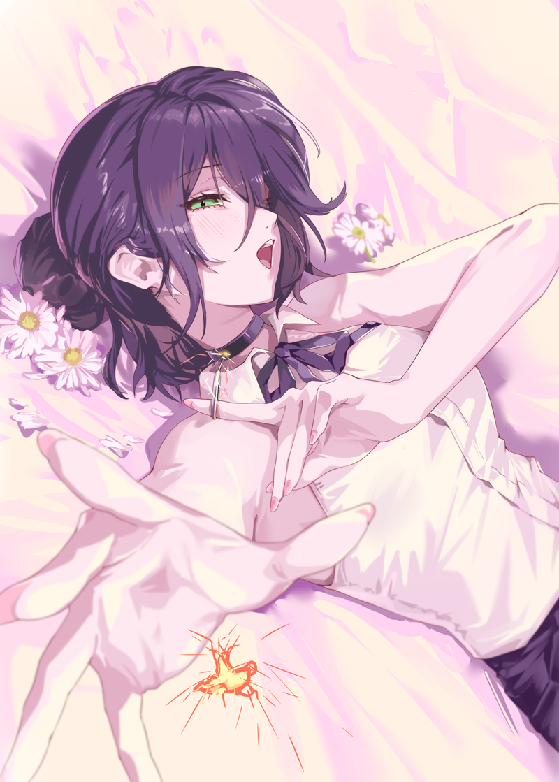 ohland, reze (chainsaw man), chainsaw man, 1girl, black choker, blush, choker, green eyes, hair bun, hair over one eye, looking at viewer, lying, on back, open mouth, purple hair, shirt, short hair, sidelocks, sleeveless, sleeveless shirt, solo, white shirt