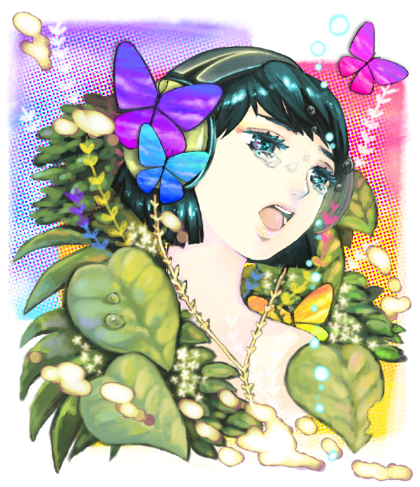 noja, original, black hair, bug, butterfly, grey eyes, headphones, insect, plant, solo, tears