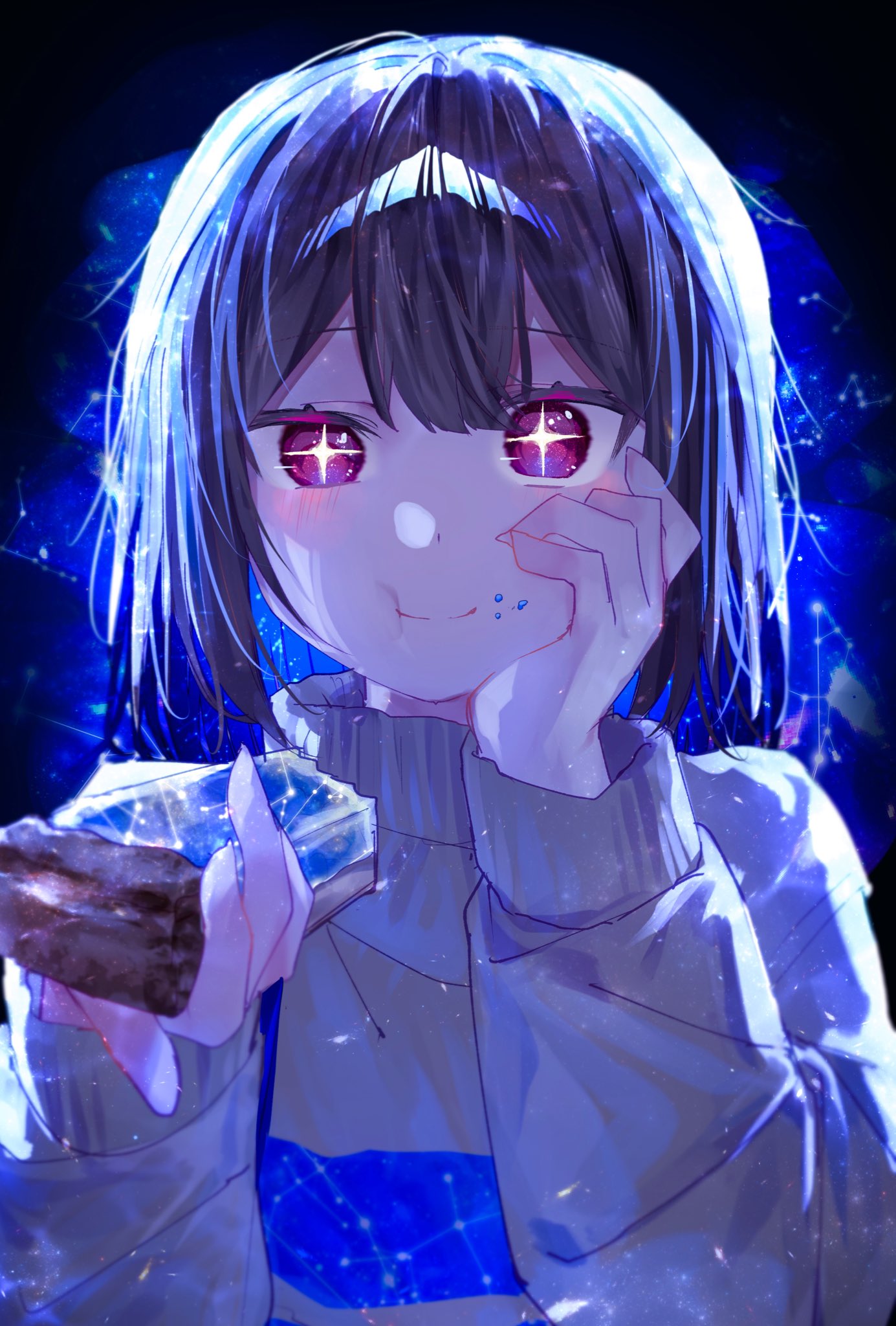 kurobarashan, chara (undertale), undertale, utdr (toby fox), commentary request, highres, + +, 1other, :t, alternate universe, backlighting, black border, blue background, blue hair, blue sweater, border, bright pupils, brown hair, center-flap bangs, closed mouth, colored inner hair, double-parted bangs, eating, food, food on face, grey sweater, hair between eyes, hand on own cheek, hand on own face, holding, holding food, light particles, long sleeves, looking at viewer, multicolored hair, other focus, outertale, outside border, pie, pie slice, pink eyes, puffy long sleeves, puffy sleeves, short hair, simple background, smile, solo, sparkle, straight-on, striped clothes, striped sweater, suspenders, sweater, tsurime, turtleneck, turtleneck sweater, two-tone hair, two-tone sweater, upper body, white pupils