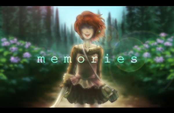 oropi, original, bad id, bad pixiv id, 1girl, arm behind back, bad anatomy, bag, blurry, closed eyes, cloud, dress, female focus, flower, hydrangea, lens flare, letterboxed, open mouth, orange hair, short hair, shoulder bag, sky, smile, solo, tree