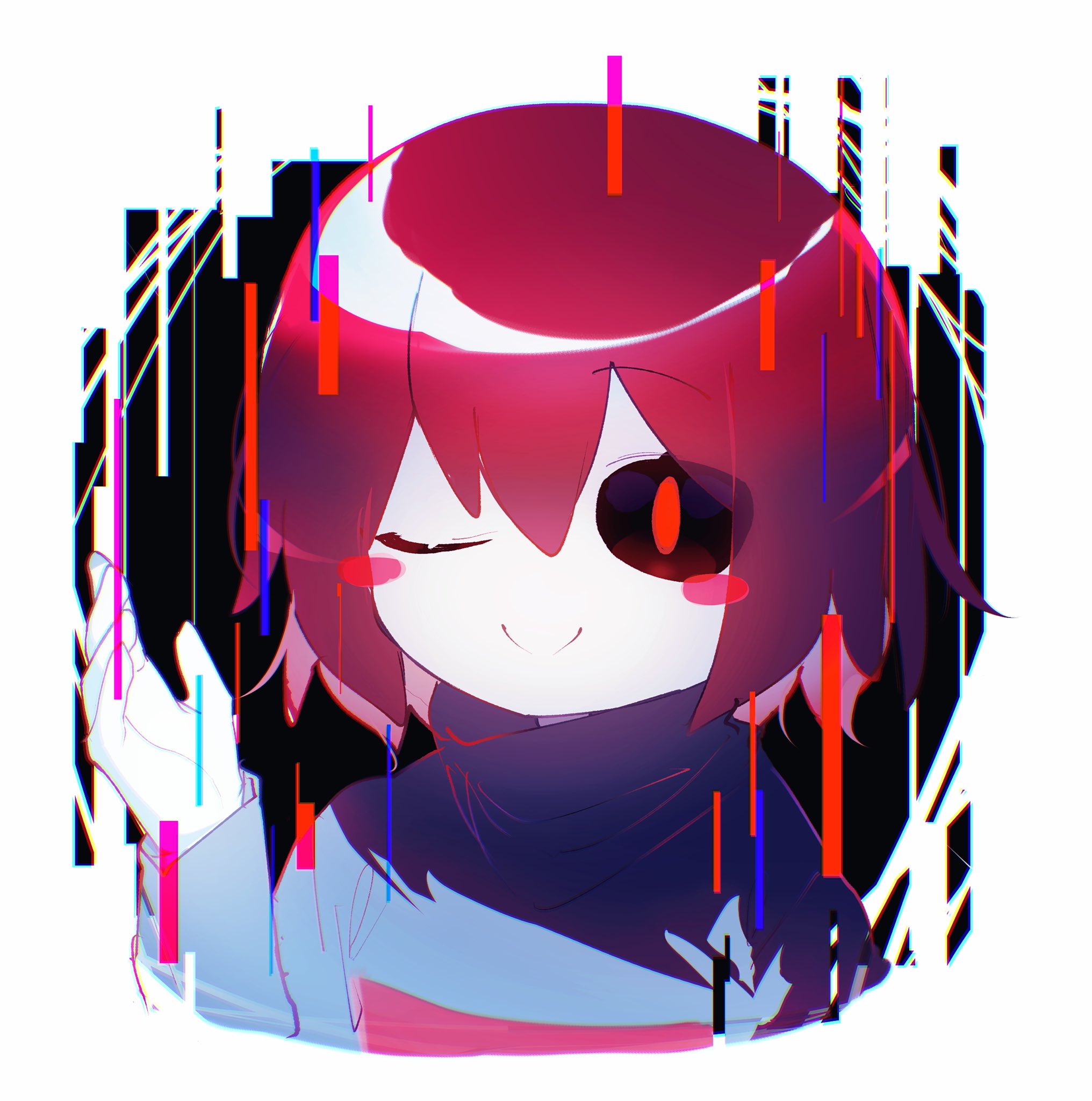 kurobarashan, player (underplayer), underplayer, undertale, utdr (toby fox), commentary request, highres, 1other, ;), black background, black sclera, black sweater, blush stickers, bob cut, border, chromatic aberration, colored sclera, colored skin, double-parted bangs, glitch, hair between eyes, hand up, long sleeves, looking at viewer, no nose, one eye closed, other focus, red eyes, red hair, red sweater, short hair, simple background, smile, solo, sweater, turtleneck, turtleneck sweater, two-tone sweater, white border, white skin