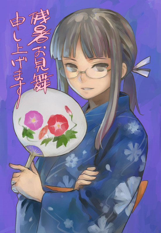 b suke, himuro kane, fate/stay night, fate (series), 00s, 1girl, black eyes, black hair, blue kimono, female focus, glasses, grey eyes, grey hair, hand fan, japanese clothes, kimono, paper fan, ribbon, solo, uchiwa, yukata, zanshomimai
