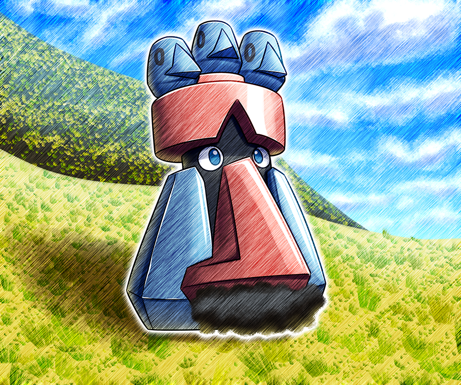 tete (724038), probopass, nintendo, pokemon, commentary request, blue eyes, blue sky, cloud, day, facial hair, full body, gen 4 pokemon, grass, no humans, outdoors, pokemon (creature), pokemon focus, red nose, sky