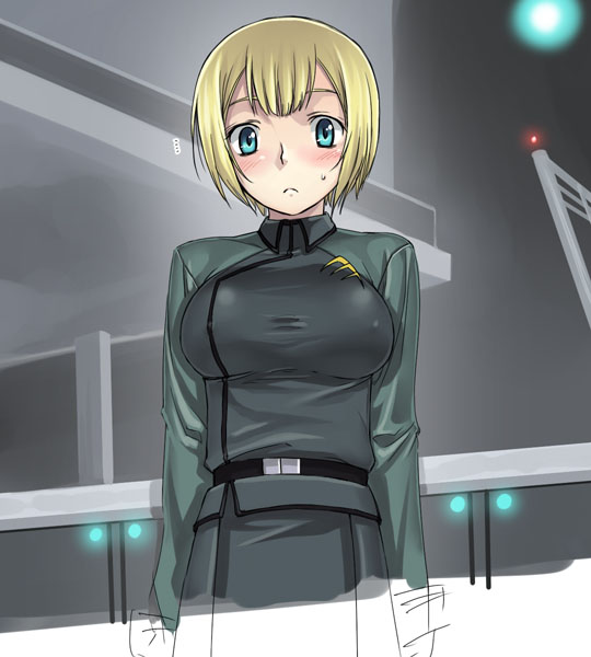 satou atsuki, louise halevy, gundam, gundam 00, 00s, 1girl, blue eyes, breasts, covered erect nipples, female focus, large breasts, military, military uniform, short hair, solo