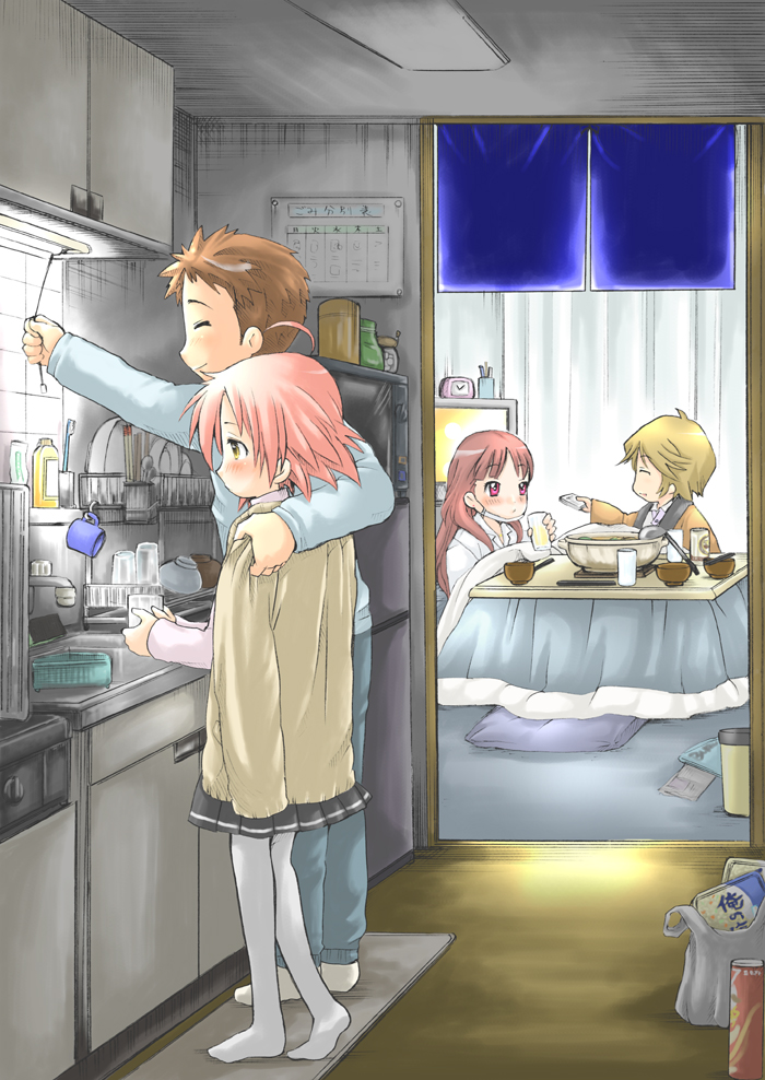 ubizo, gotou yuuko, gotouza, gottouza, kogami akira, ono daisuke, shiraishi minoru, lucky star, 00s, 2boys, 2girls, ahoge, blonde hair, bousouzoku, brown hair, closed eyes, coat, delinquent, indoors, kitchen, kotatsu, ladle, long hair, multiple boys, multiple girls, pantyhose, pink hair, pleated skirt, short hair, skirt, slice of life, table, television, tokkoufuku, white pantyhose