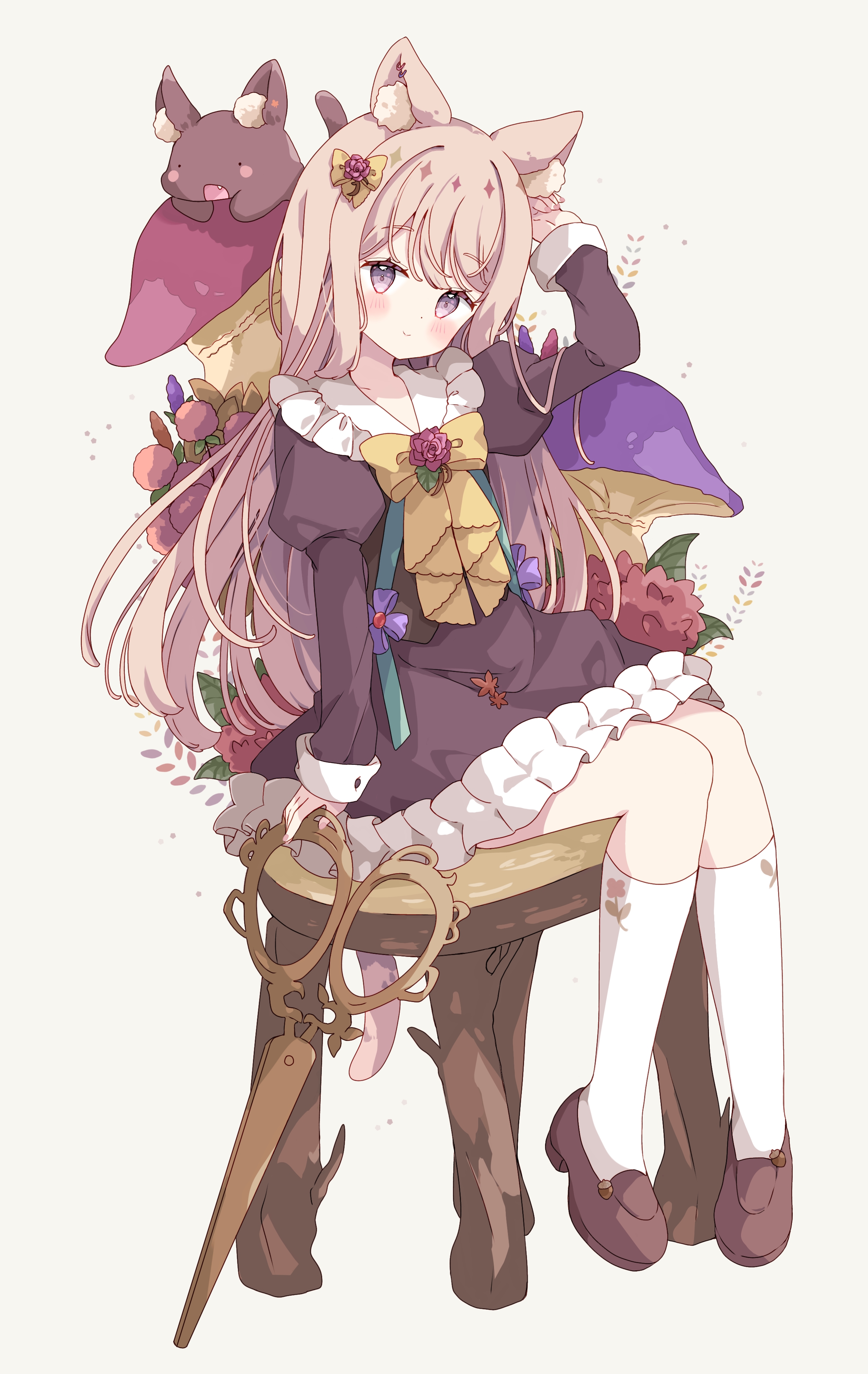 tsukiyo (skymint), original, absurdres, bad id, bad pixiv id, commentary, highres, symbol-only commentary, 1girl, animal ear fluff, animal ears, arm up, blonde hair, blush, bow, bowtie, brown dress, brown shoes, cat ears, cat girl, cat tail, chair, closed mouth, collared dress, dress, food, frilled dress, frilled shirt collar, frills, full body, juliet sleeves, long hair, long sleeves, looking at viewer, puffy sleeves, purple eyes, roasted sweet potato, shoes, simple background, sitting, smile, socks, solo, sweet potato, tail, white background, white socks, yellow bow, yellow bowtie