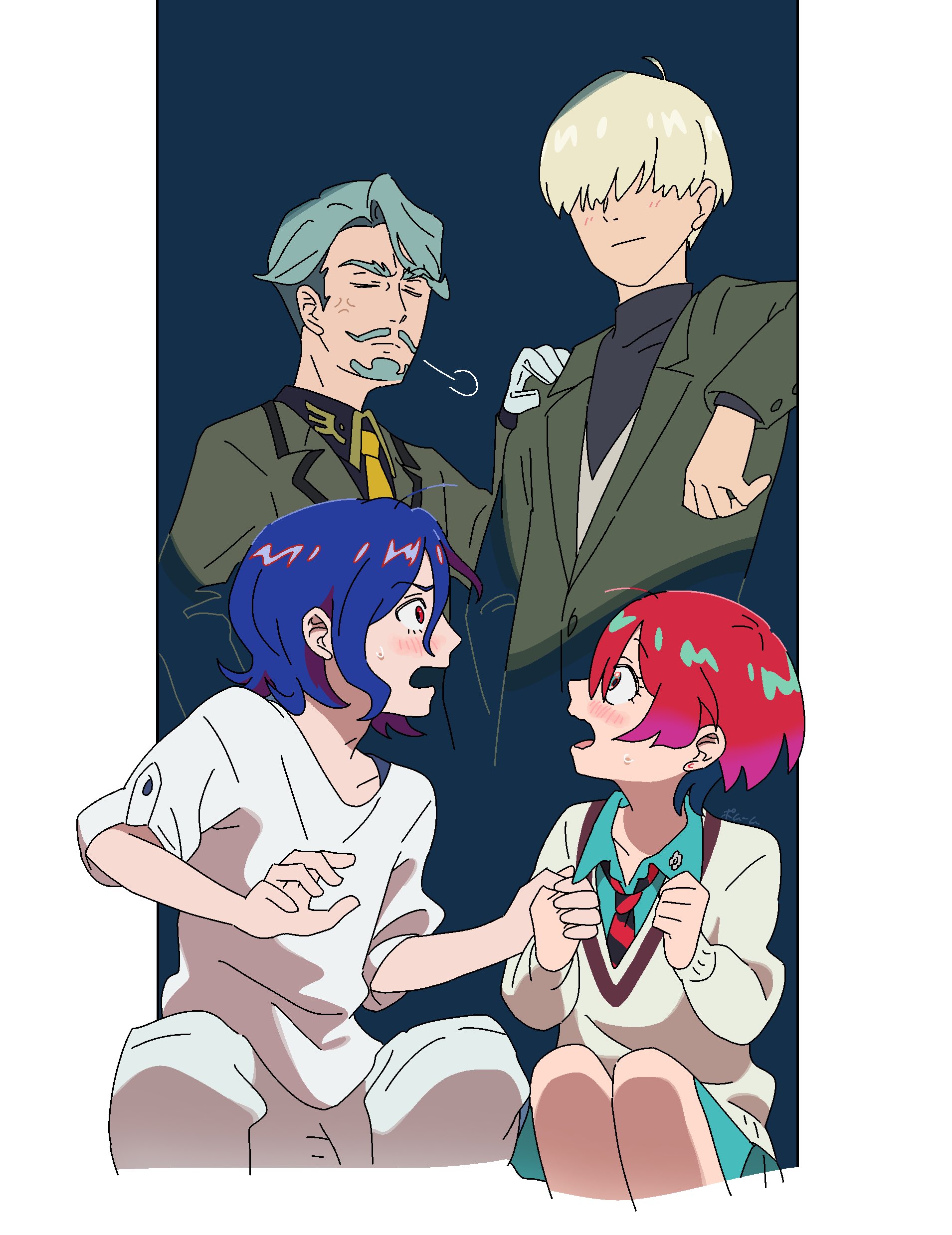 youri you ri, amate yuzuriha, challia bull, char aznable, shirouzu (gundam), shuji ito, gundam, gundam gquuuuuux, absurdres, highres, 1girl, 3boys, aqua eyes, aqua shirt, aqua skirt, beard, black shirt, blonde hair, blue hair, blush, closed eyes, closed mouth, collared shirt, colored inner hair, facial hair, gloves, green jacket, hair over one eye, jacket, long sleeves, military jacket, military uniform, multicolored hair, multiple boys, mustache, necktie, open mouth, pants, purple hair, red eyes, red hair, school uniform, shirt, short hair, skirt, smile, sweatdrop, sweater, turtleneck, two-tone hair, two-tone necktie, white gloves, white shirt