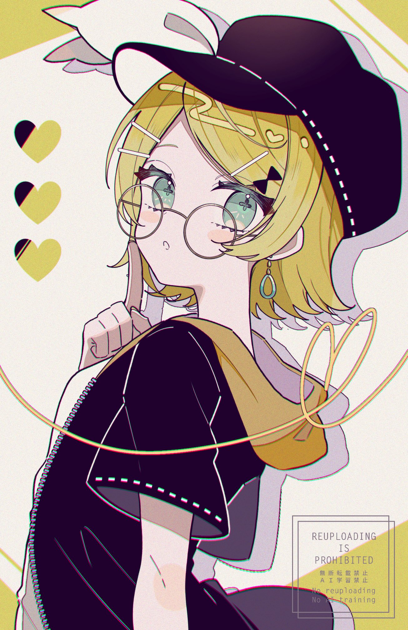 maca1227, kagamine rin, vocaloid, highres, 1girl, :o, aqua eyes, bespectacled, black hoodie, black jacket, blonde hair, bow, character name, earrings, from side, glasses, green eyes, hair bow, hair ornament, hairclip, hat, heart, hood, hood down, hooded jacket, hoodie, index finger raised, jacket, jewelry, looking at viewer, open clothes, round eyewear, shirt, short hair, short sleeves, solo, swept bangs, twitter username, two-tone background, upper body, white bow, white shirt