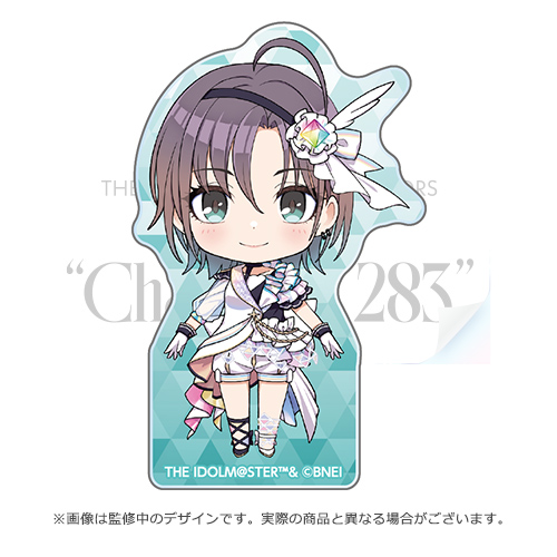 asakura toru, idolmaster, idolmaster shiny colors, lowres, 1girl, blue eyes, blush, earrings, gloves, hair between eyes, jewelry, looking at viewer, multicolored hair, pants, see-through clothes, short hair, smile, solo, standing, white gloves