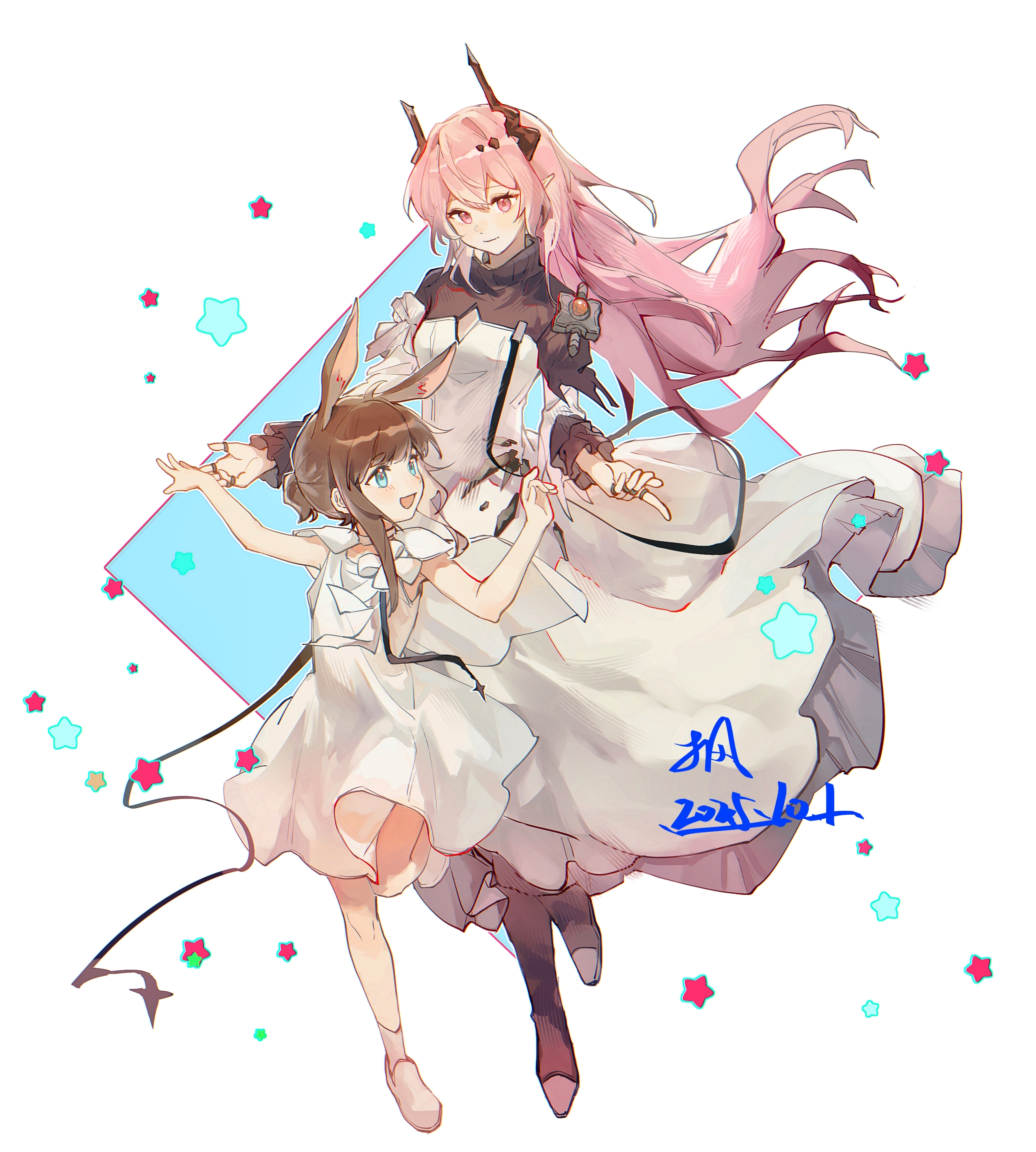 maplebyebye, amiya (arknights), amiya (young) (arknights), theresa (arknights), arknights, absurdres, commentary request, highres, 2girls, animal ears, artist name, blue eyes, brown hair, dated, dress, full body, horns, jewelry, leg up, light blush, looking at another, material growth, multiple girls, multiple rings, pink eyes, pink hair, pointy ears, rabbit ears, ring, short hair with long locks, signature, star (symbol), white dress