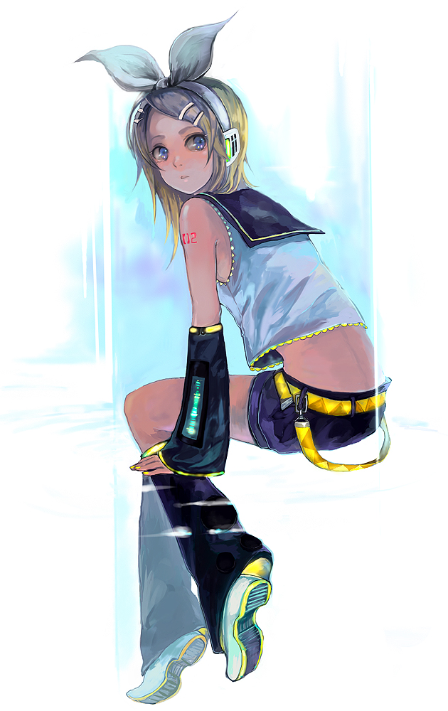 utataneuta, kagamine rin, vocaloid, 1girl, ass, belt, blonde hair, blue eyes, bow, detached sleeves, female focus, hair bow, hair ornament, hairclip, headphones, looking at viewer, looking back, midriff, sailor collar, school uniform, serafuku, short hair, shorts, simple background, sitting, solo, tattoo, white background