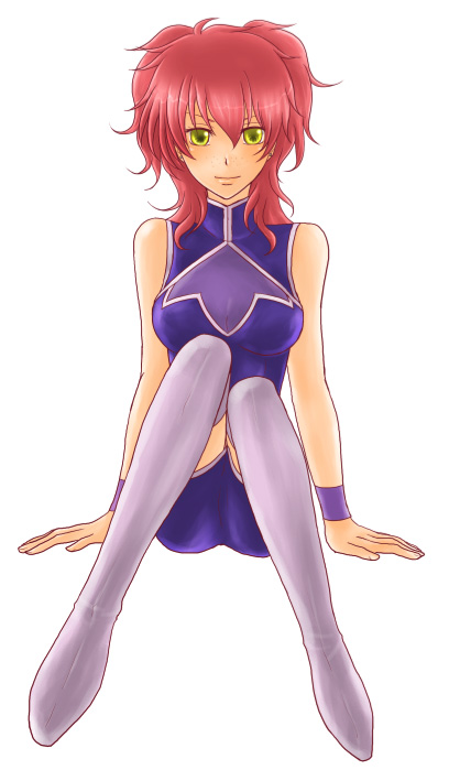 kirarin17, nena trinity, gundam, gundam 00, bad id, bad pixiv id, 00s, 1girl, boots, breasts, cleavage, female focus, freckles, large breasts, red hair, see-through clothes, sitting, solo, thigh boots, thighhighs, yellow eyes, zettai ryouiki