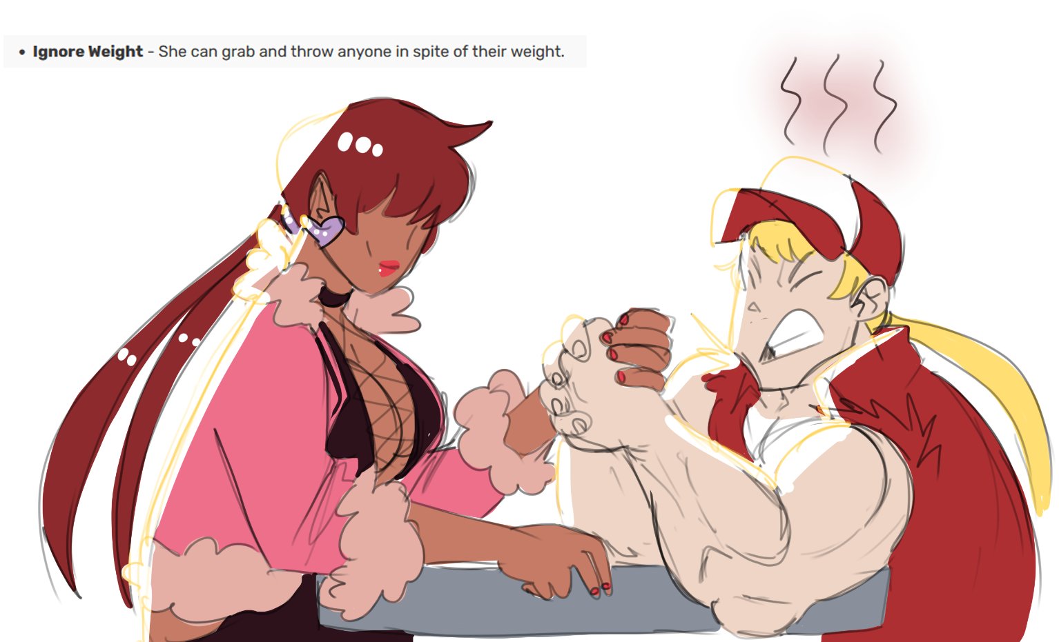 1shermieaday, shermie (kof), terry bogard, the king of fighters, 1girl, breasts, cleavage cutout, clothing cutout, coat, dark-skinned female, dark skin, dress, earrings, female focus, fluffy, heart, huge breasts, jacket, jewelry, large breasts, long hair, red hair, smile, table, tan, twintails