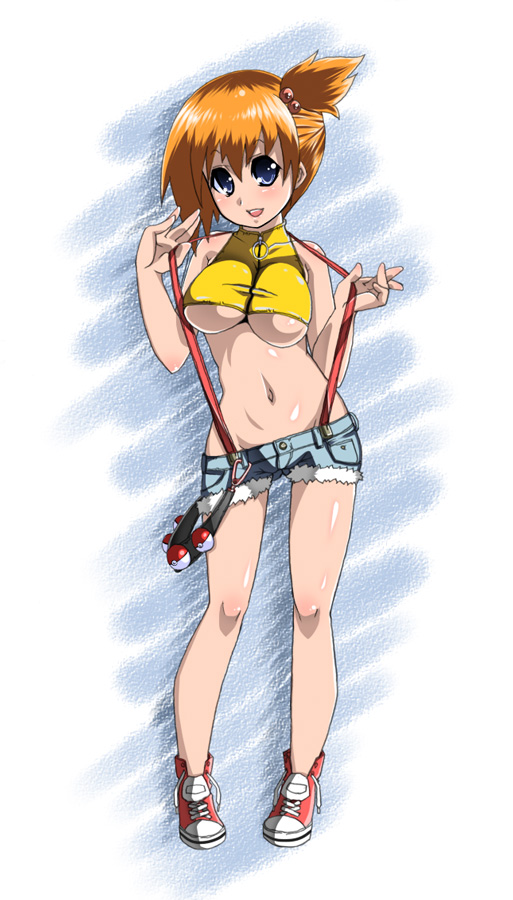 satsuki imonet, misty (pokemon), nintendo, pokemon, pokemon: the electric tale of pikachu, 1girl, bare shoulders, blue eyes, blush, breasts, contrapposto, denim, denim shorts, female focus, full body, groin, large breasts, legs, looking at viewer, navel, no socks, orange hair, poke ball, shoes, short hair, shorts, side ponytail, smile, sneakers, solo, standing, suspenders, underboob