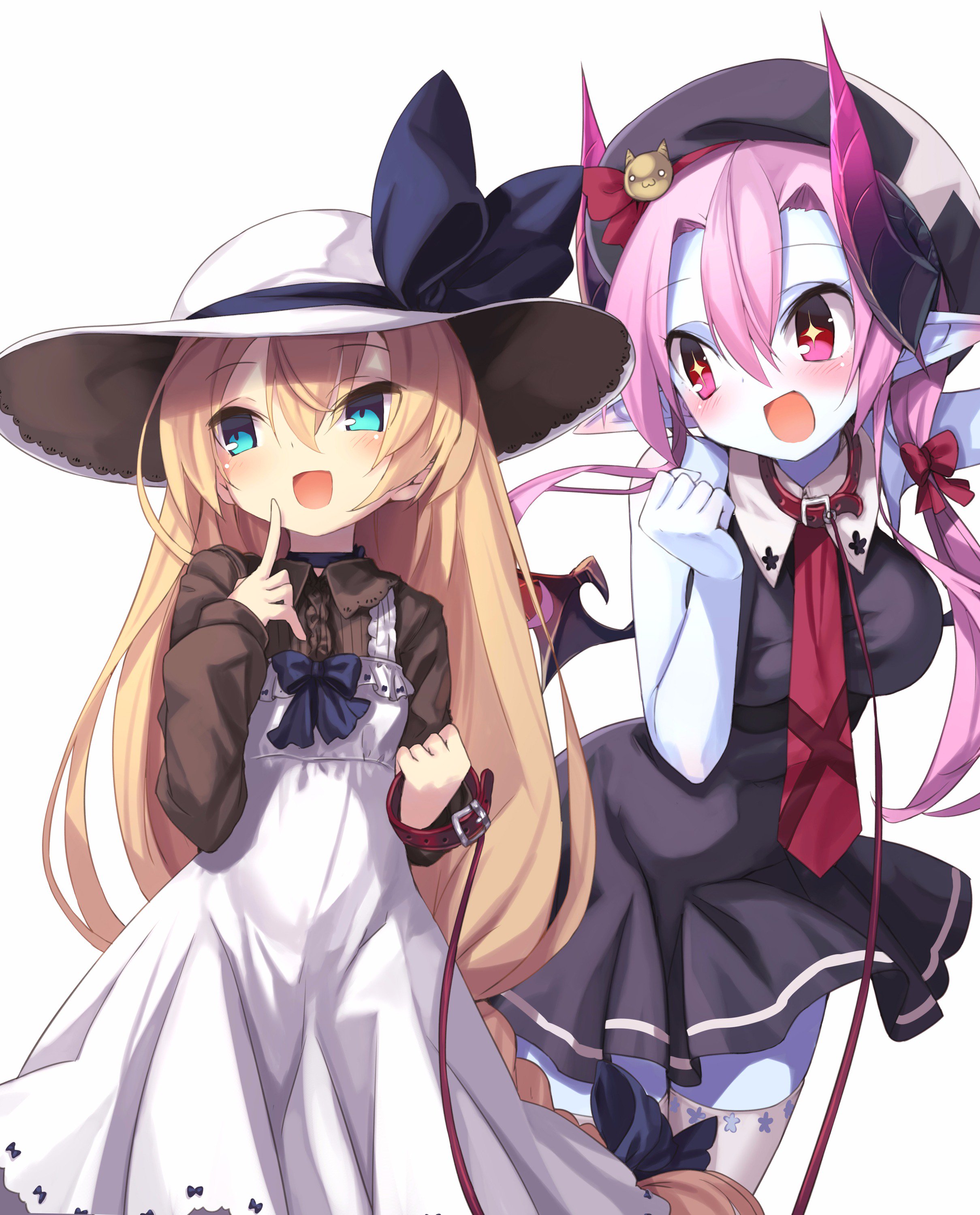 armadillon, valkyrie (eco), emil chronicle online, absurdres, highres, 2girls, alternate costume, asmodeus (eco), bat wings, black dress, black hat, black horns, black wings, blonde hair, blue eyes, blue ribbon, blue skin, blush, brown shirt, colored skin, demon girl, dress, finger to cheek, gradient horns, hat, hat ribbon, holding, holding leash, horns, leash, long hair, long sidelocks, low ponytail, multicolored horns, multiple girls, necktie, open mouth, pink hair, ponytail, purple eyes, purple horns, red leash, red necktie, ribbon, shirt, sidelocks, sleeveless, sleeveless dress, sparkling eyes, thighhighs, white background, white dress, white hat, white thighhighs, wings