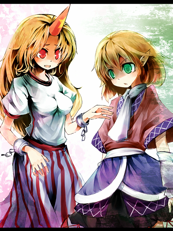 ukyo rst, hoshiguma yuugi, mizuhashi parsee, touhou, 2girls, arm warmers, blonde hair, breast envy, breasts, chain, female focus, green eyes, horns, long hair, looking at breasts, medium breasts, multiple girls, pointy ears, red eyes, scarf, short hair, single horn