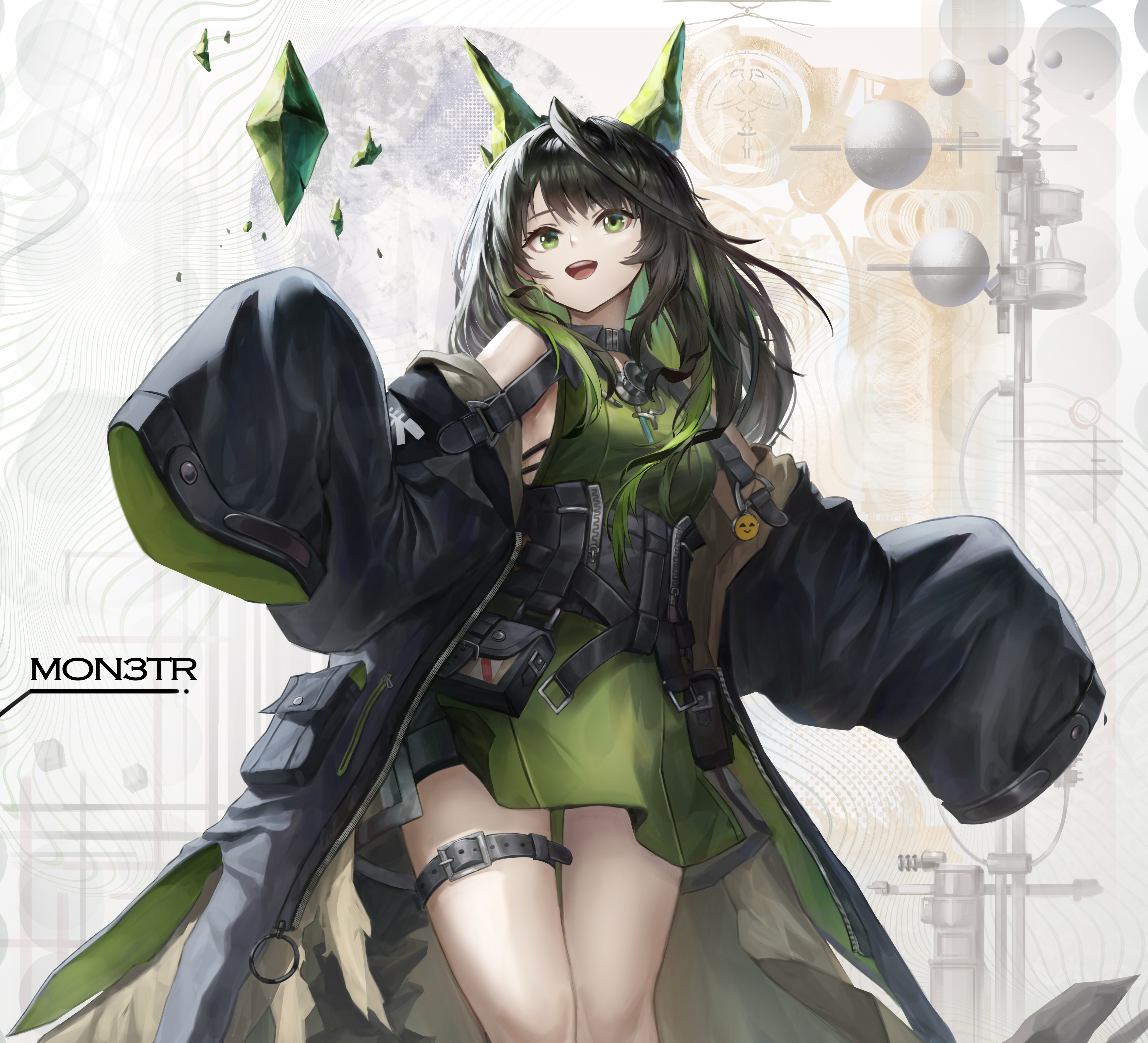 angelo (angeloart26), mon3tr (arknights), arknights, absurdres, commentary, highres, 1girl, :d, ahoge, bare shoulders, black hair, black jacket, breasts, character name, cowboy shot, crystal, crystal tail, dress, green dress, green eyes, green hair, jacket, looking at viewer, material growth, multicolored hair, open mouth, sleeves past fingers, sleeves past wrists, smile, solo, stethoscope, stethoscope around neck