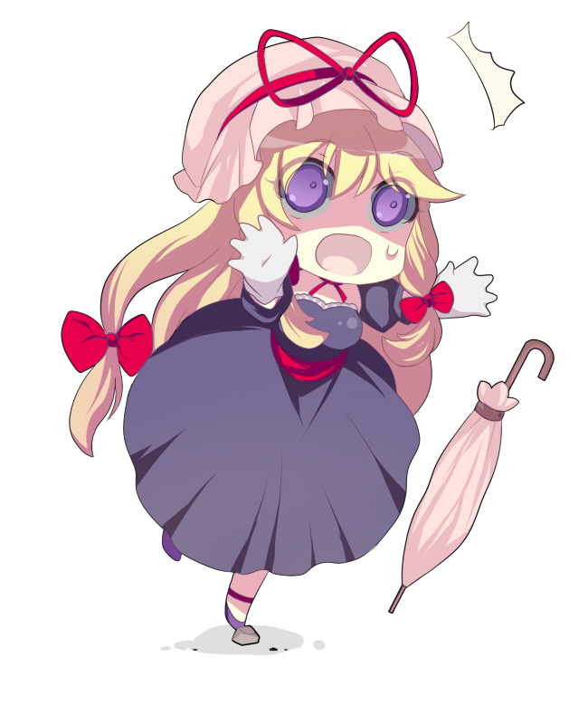 harano, yakumo yukari, touhou, 1girl, ^^^, female focus, gloves, solo, tripping, white background, white gloves