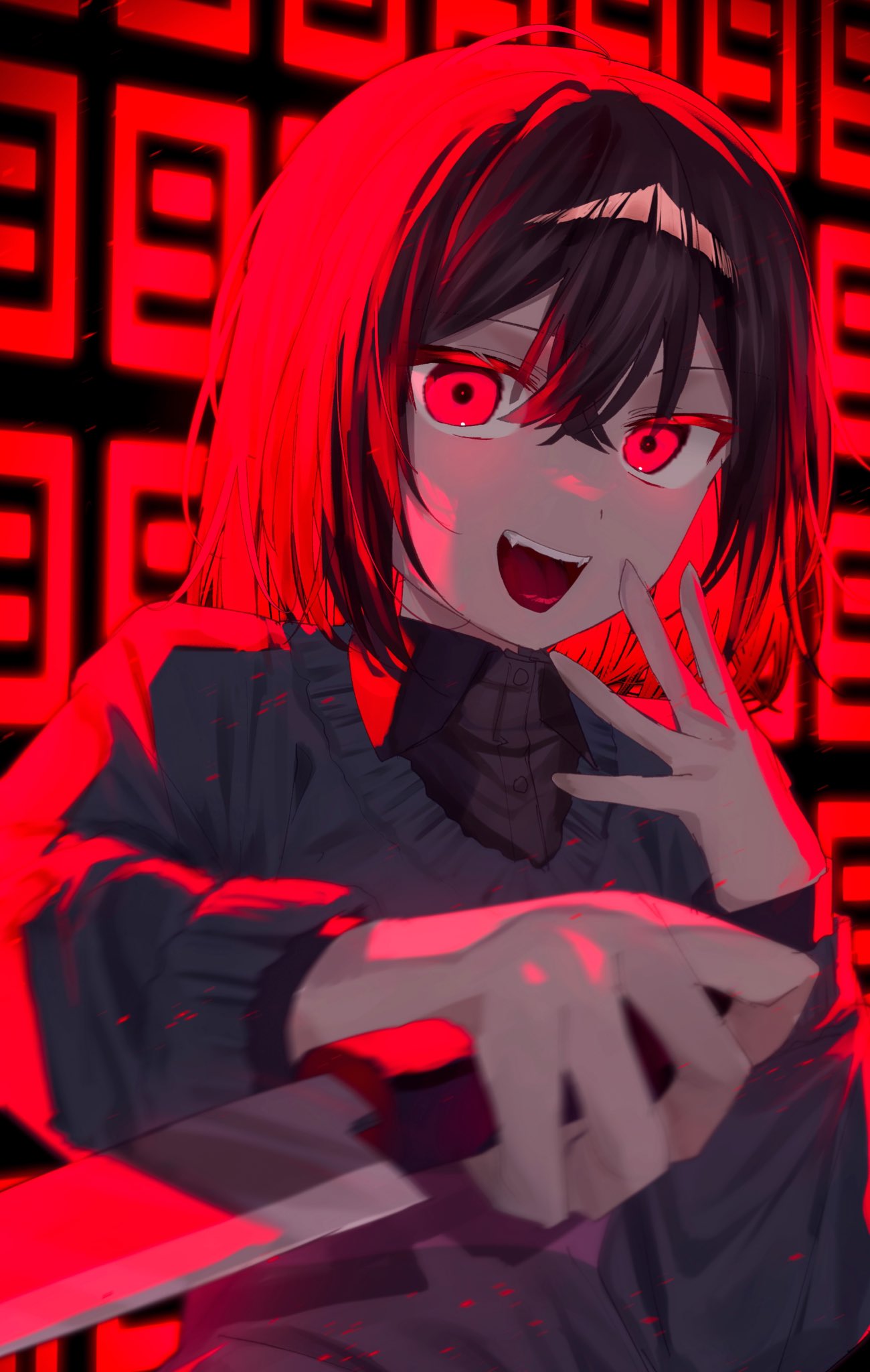 kurobarashan, frisk (undertale), underswap, undertale, utdr (toby fox), commentary request, highres, 1other, :d, alternate universe, backlighting, black background, black shirt, blurry, bob cut, brown hair, buttons, collared shirt, colored eyelashes, crossed bangs, depth of field, double-parted bangs, fang, finger to cheek, foreshortening, grey sweater, hair between eyes, hands up, holding, holding knife, knife, layered sleeves, long sleeves, looking at viewer, open mouth, other focus, pink sweater, red eyes, reverse grip, shirt, short hair, simple background, smile, solo, striped clothes, striped sweater, sweater, teeth, tongue, two-tone sweater, unusually open eyes, upper body, upper teeth only