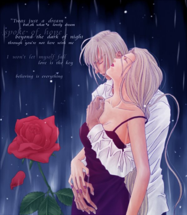 soranokaze15, barbariccia, cain highwind, final fantasy, final fantasy iv, 1990s (style), 1boy, 1girl, blonde hair, closed eyes, couple, dress, flower, hetero, hug, hug from behind, long hair, rain, rose, very long hair