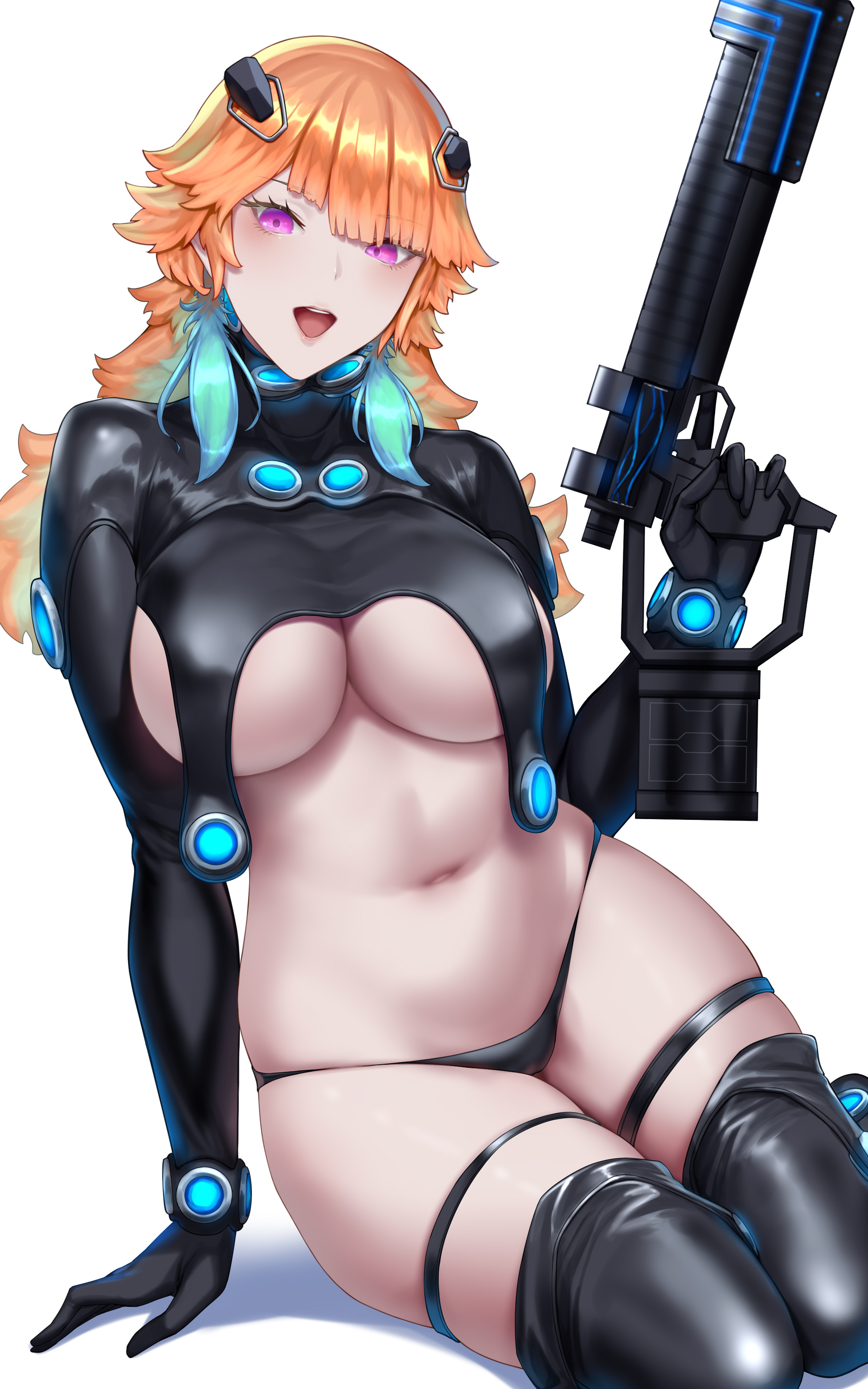 kumiko shiba, takanashi kiara, hololive, hololive english, absurdres, highres, 1girl, :d, bikini, black bikini, black gloves, black thighhighs, breasts, gloves, gun, holding, holding gun, holding weapon, large breasts, looking at viewer, open mouth, orange hair, purple eyes, shrug (clothing), simple background, sitting, smile, solo, swimsuit, thigh strap, thighhighs, virtual youtuber, weapon, white background