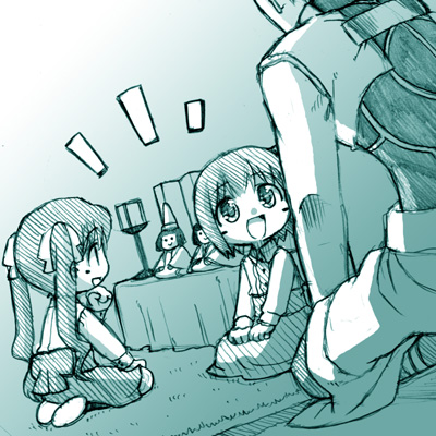 st parasu, archer (fate), matou sakura, tohsaka rin, fate/stay night, fate (series), lowres, 00s, 1boy, 2girls, aged down, aqua theme, child, monochrome, multiple girls