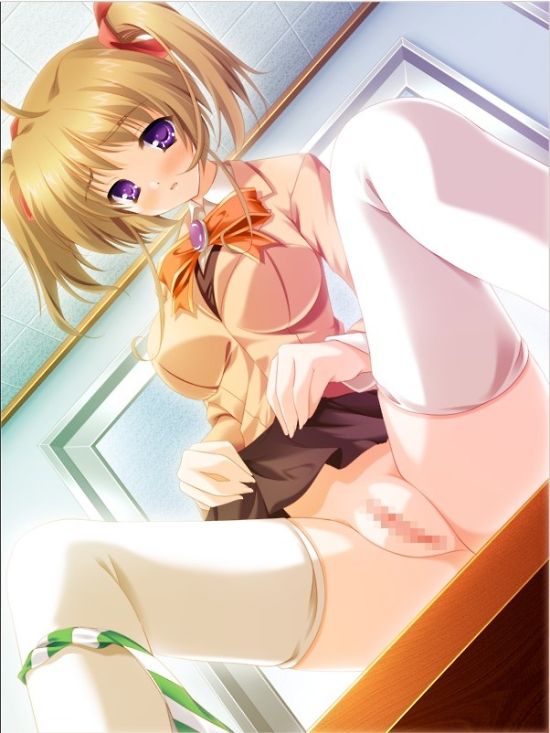 natsuki shuri, sakai youko, naisho no shinro sidou, game cg, 1girl, blonde hair, blush, censored, clothes lift, desk, female focus, mosaic censoring, panties, panties around leg, purple eyes, pussy, skirt, skirt lift, solo, spread legs, striped clothes, striped panties, thighhighs, twintails, underwear
