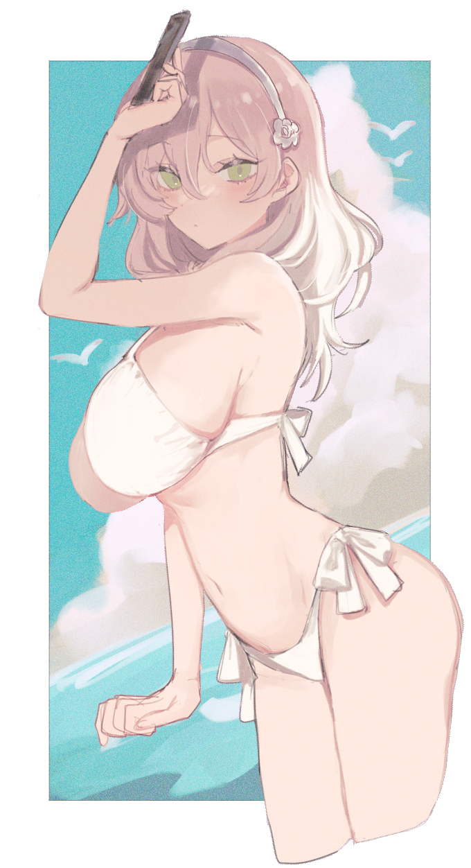 eurasia (wtp09ptw14), original, commentary request, highres, 1girl, arm up, bikini, border, breasts, closed mouth, cloud, cropped legs, dot mouth, double-parted bangs, green eyes, grey hair, grey hairband, hair between eyes, hairband, holding, large breasts, long hair, looking at viewer, navel, ocean, outside border, side-tie bikini bottom, sideboob, simple bird, sketch, solo, stomach, swimsuit, white bikini, white border