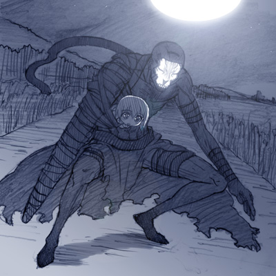 st parasu, hassan of the cursed arm (fate), matou sakura, fate/stay night, fate/zero, fate (series), lowres, 00s, 1boy, 1girl, aged down, blue theme, child, full moon, monochrome, moon, outdoors, torn clothes