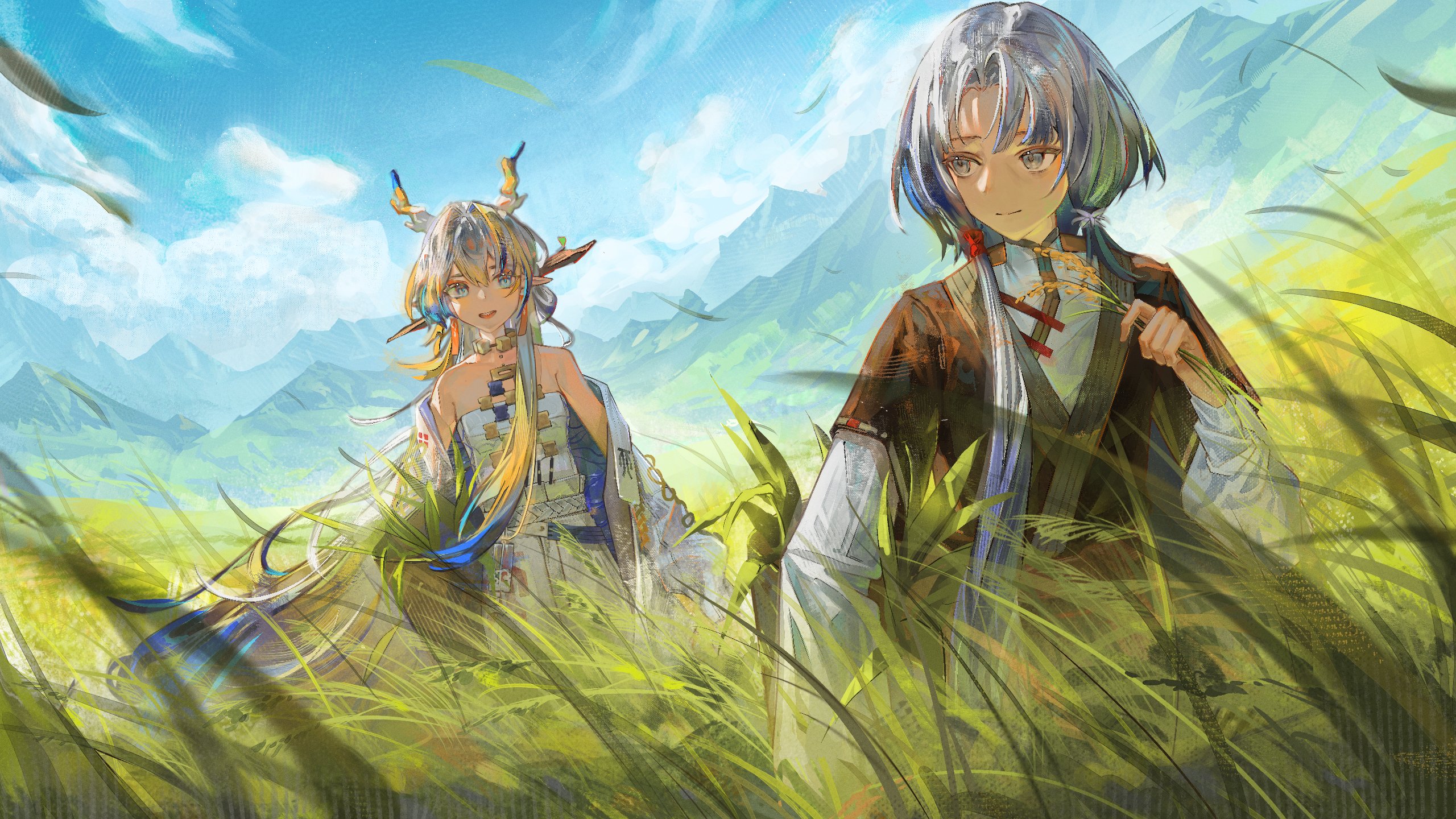 liebebento (dosilan), shu (arknights), arknights, character request, highres, 2girls, bare shoulders, blue hair, blue sky, closed mouth, cloud, day, dragon girl, dragon horns, grass, grey eyes, grey hair, hair ornament, hair stick, horns, jacket, layered sleeves, long hair, long sleeves, looking at another, mountainous horizon, multicolored hair, multiple girls, off shoulder, open clothes, open jacket, outdoors, shirt, short over long sleeves, short sleeves, sky, smile, strapless, strapless shirt, streaked hair, white jacket, white shirt