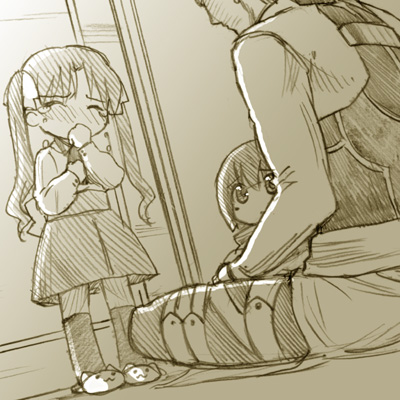 st parasu, archer (fate), matou sakura, tohsaka rin, fate/stay night, fate (series), lowres, 00s, 1boy, 2girls, aged down, animal slippers, blush, bunny slippers, child, monochrome, multiple girls, sepia, slippers, tears, twintails