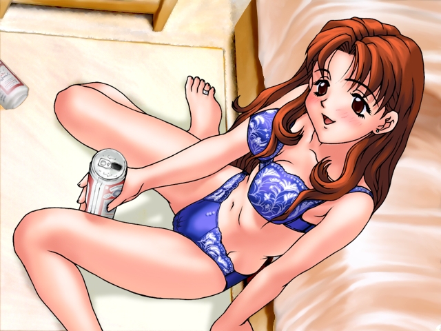 joy ride, orihara sanae, budweiser, houkago ren-ai club, game cg, non-web source, 1girl, alcohol, barefoot, bed, bedside, beer, beer can, bra, brown eyes, brown hair, can, drink can, female focus, lingerie, long hair, panties, sitting, solo, underwear, underwear only
