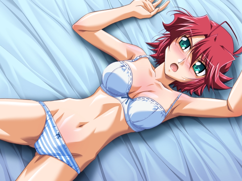 mutou keiji, kasuga haru, doki doki rooming, game cg, non-web source, 1girl, bed, blush, bra, female focus, green eyes, lingerie, lying, panties, red hair, short hair, solo, striped clothes, striped panties, underwear, underwear only