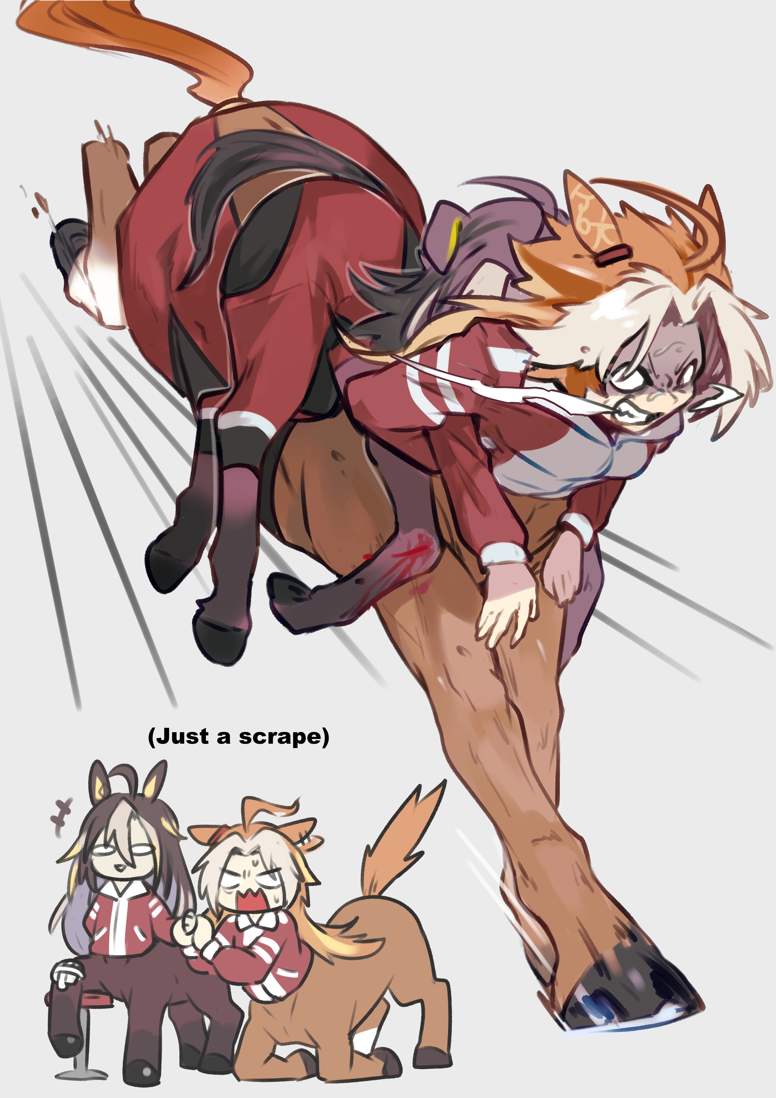 old-night, dream journey (umamusume), orfevre (umamusume), umamusume, absurdres, commentary, english commentary, highres, +++, ahoge, animal ears, bandaged knees, black hair, breasts, carrying, carrying person, centaur, clenched teeth, ear covers, ear ornament, english text, full body, hair between eyes, hair intakes, hooves, horse ears, horse tail, injury, jacket, kneeling, long hair, long sleeves, monster girl, monsterification, multicolored hair, multiple girls, multiple legs, orange hair, pants, parted bangs, red jacket, red pants, running, scraped knee, siblings, sidelocks, single ear cover, sisters, small breasts, standing, standing on three legs, stool, sweat, tail, taur, teeth, tracen training uniform, track jacket, two-tone hair, white hair
