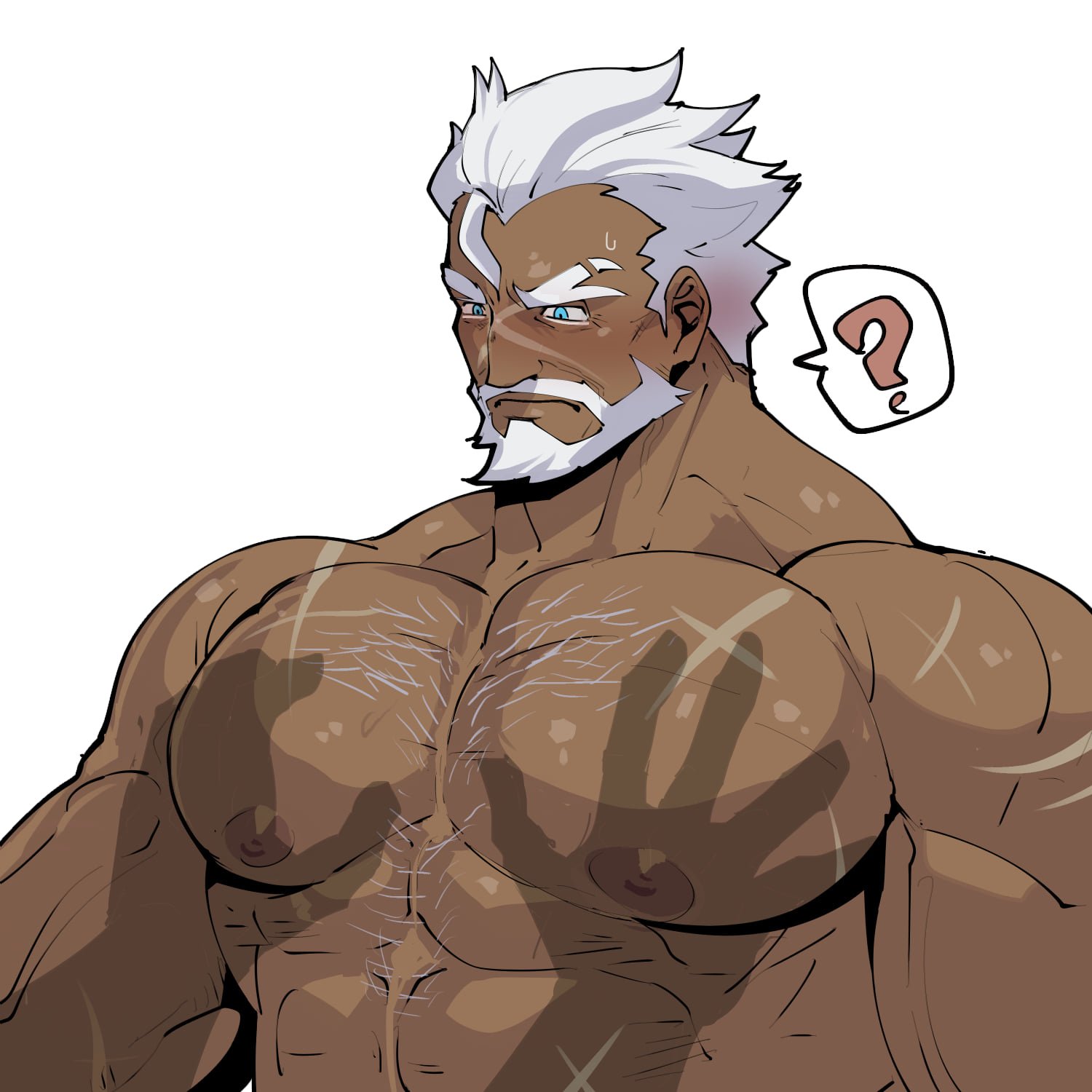 rybiok, tea knight cookie, cookie run, highres, ?, abs, bara, bare pectorals, beard, biceps, blush, chest hair, dark-skinned male, dark skin, facial hair, full beard, huge pectorals, large areolae, large pectorals, looking down, male focus, muscular, muscular male, nipples, nude, old, old man, pectoral cleavage, pectoral focus, pectoral grab, pectorals, puffy nipples, raised eyebrow, scar, scar on face, shadow hands, speech bubble, veins, veiny arms, veiny neck, white background, white beard, white hair, yaoi