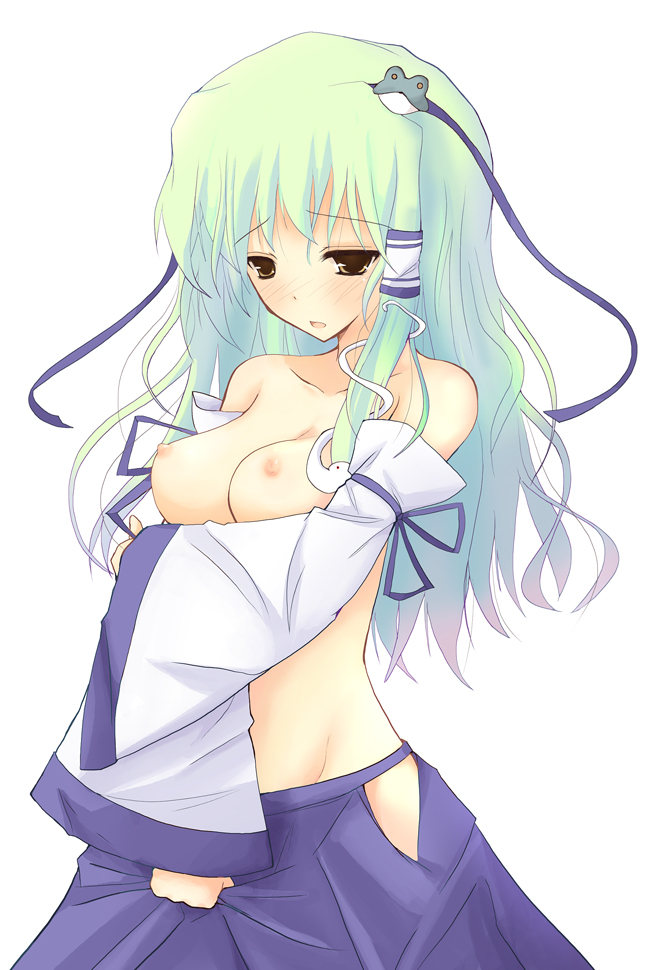 rikudou inuhiko, kochiya sanae, touhou, 1girl, blue skirt, blush, breasts, brown eyes, cleavage, collarbone, covering breasts, covering privates, cowboy shot, detached sleeves, female focus, frog hair ornament, green hair, groin, hair ornament, long hair, long sleeves, looking at viewer, medium breasts, nipples, simple background, skirt, solo, topless female, white background