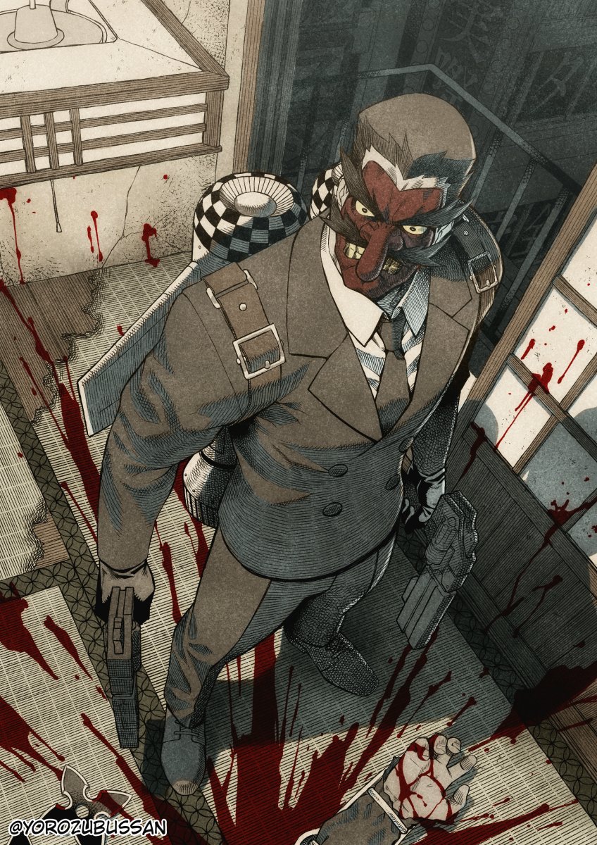 yorozu, original, check copyright, copyright request, highres, 1boy, black hair, black necktie, black shoes, black suit, blood, blood splatter, buttons, collared shirt, double-breasted, dress shirt, dress shoes, dual wielding, facial hair, formal clothes, from above, full body, gun, holding, holding gun, holding weapon, jetpack, male focus, mask, mustache, necktie, shirt, shoes, short hair, shuriken, solo, standing, suit, tengu mask, thick eyebrows, thick mustache, twitter username, weapon, white shirt
