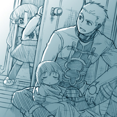 st parasu, archer (fate), matou sakura, tohsaka rin, fate/stay night, fate (series), lowres, 00s, 1boy, 2girls, aged down, blue theme, child, monochrome, multiple girls, sleeping