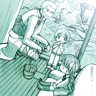 st parasu, archer (fate), matou sakura, tohsaka rin, fate/stay night, fate (series), lowres, 00s, 1boy, 2girls, ?, aged down, child, green theme, monochrome, multiple girls