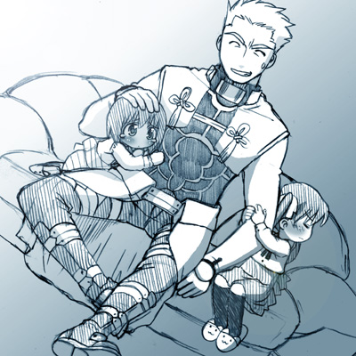 st parasu, archer (fate), matou sakura, tohsaka rin, fate/stay night, fate (series), lowres, 00s, 1boy, 2girls, aged down, animal slippers, blue theme, blush, bunny slippers, child, couch, monochrome, multiple girls, scared, slippers, tsundere