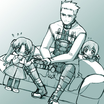 st parasu, archer (fate), matou sakura, tohsaka rin, fate/stay night, fate (series), lowres, 00s, 1boy, 2girls, aged down, aqua theme, blush, child, couch, gift, monochrome, multiple girls