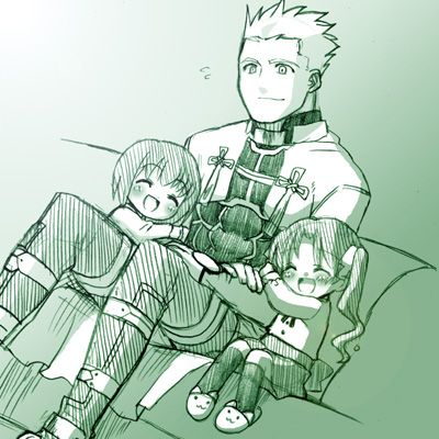 st parasu, archer (fate), matou sakura, tohsaka rin, fate/stay night, fate (series), lowres, 00s, 1boy, 2girls, aged down, child, couch, dutch angle, green theme, monochrome, multiple girls