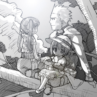 st parasu, archer (fate), matou sakura, tohsaka rin, fate/stay night, fate (series), lowres, 00s, 1boy, 2girls, aged down, branch, child, greyscale, monochrome, multiple girls, pointing