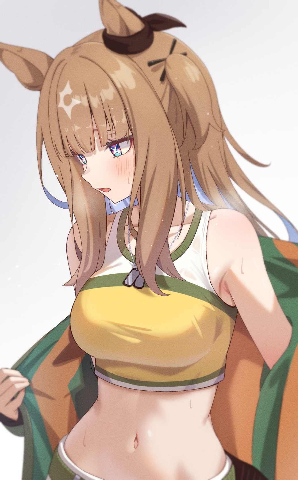 chahanramen, almond eye (umamusume), mayano top gun (scramble zone) (umamusume), mayano top gun (umamusume), umamusume, commentary request, highres, 1girl, animal ears, bare shoulders, blue eyes, blush, bomber jacket, breasts, brown hair, cosplay, crop top, cross-shaped pupils, dog tags, horse ears, horse girl, jacket, long hair, mayano top gun (umamusume) (cosplay), multicolored hair, navel, off shoulder, open clothes, open jacket, open mouth, shirt, simple background, sleeveless, sleeveless shirt, solo, stomach, streaked hair, sweat, symbol-shaped pupils, two side up, upper body, white background, yellow shirt