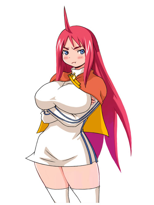 ryoji (nomura ryouji), 1girl, :t, ahoge, angry, blue eyes, blush, breast rest, breasts, crossed arms, dress, female focus, huge breasts, long hair, long sleeves, red hair, shawl, simple background, solo, thighhighs, white background, white thighhighs