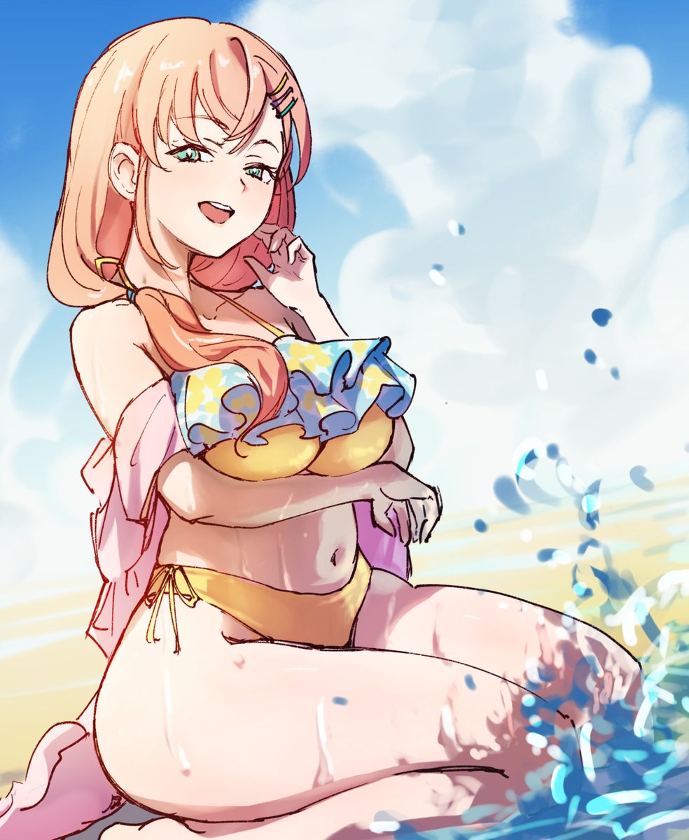 lao ren xing, hinoshita kaho, hinoshita kaho's mother, hinoshita kaho (swimsuit), link! like! love live!, love live!, commentary request, highres, 1girl, :d, aqua eyes, arm under breasts, beach, bikini, blue sky, breasts, cloud, cosplay, cumulonimbus cloud, day, dutch angle, frilled bikini, frills, hair ornament, hair over shoulder, hairclip, half-closed eyes, halterneck, hinoshita kaho (cosplay), large breasts, low side ponytail, mature female, navel, open mouth, outdoors, parallel hairclips, seductive smile, side ponytail, sitting, sky, smile, solo, swimsuit, teeth, upper teeth only, virtual youtuber, water, yellow bikini